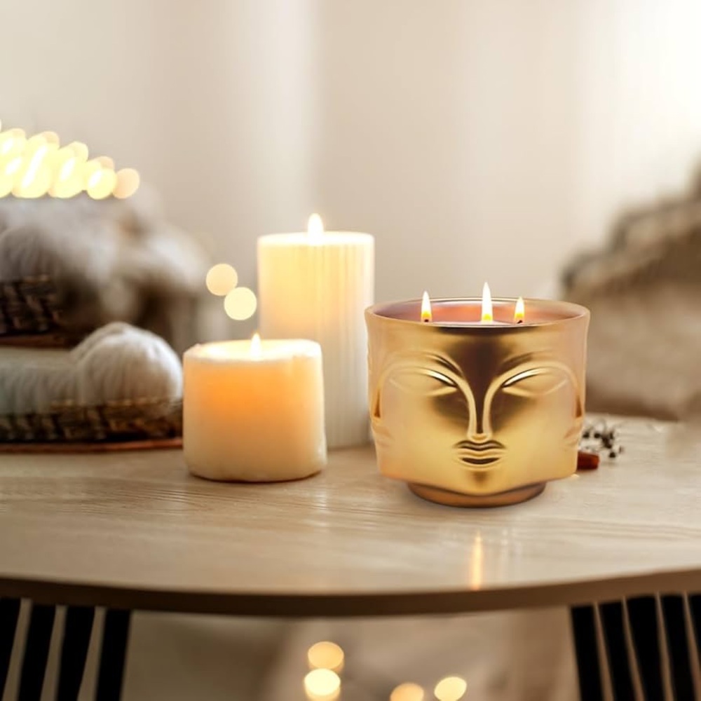 🆕 XL Buddha Face 3-Wick Apple Cinnamon Aromatherapy Soy Wax Candle 20oz